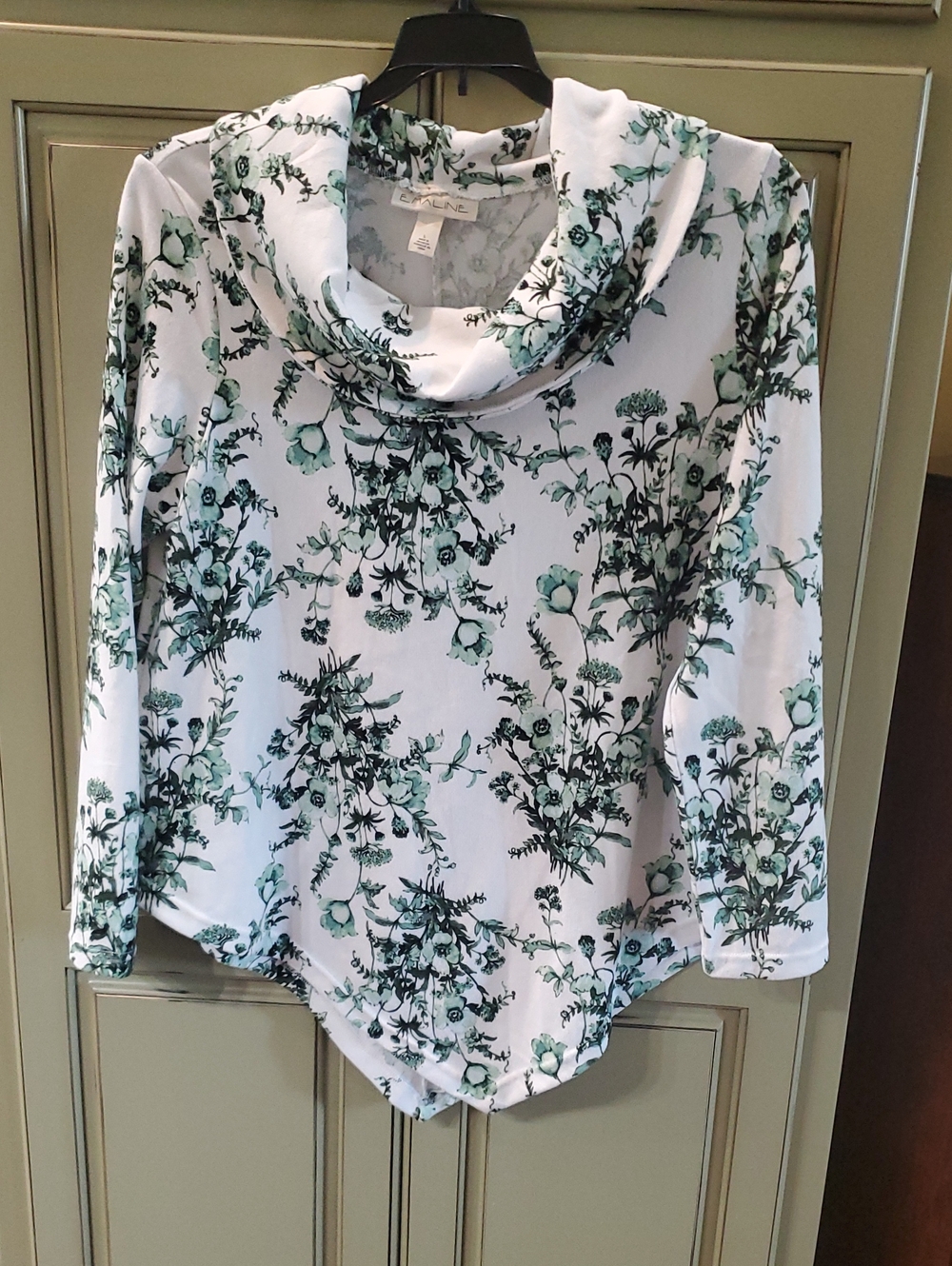 Cowl Neck Floral Knit Sweater - White with Green Print